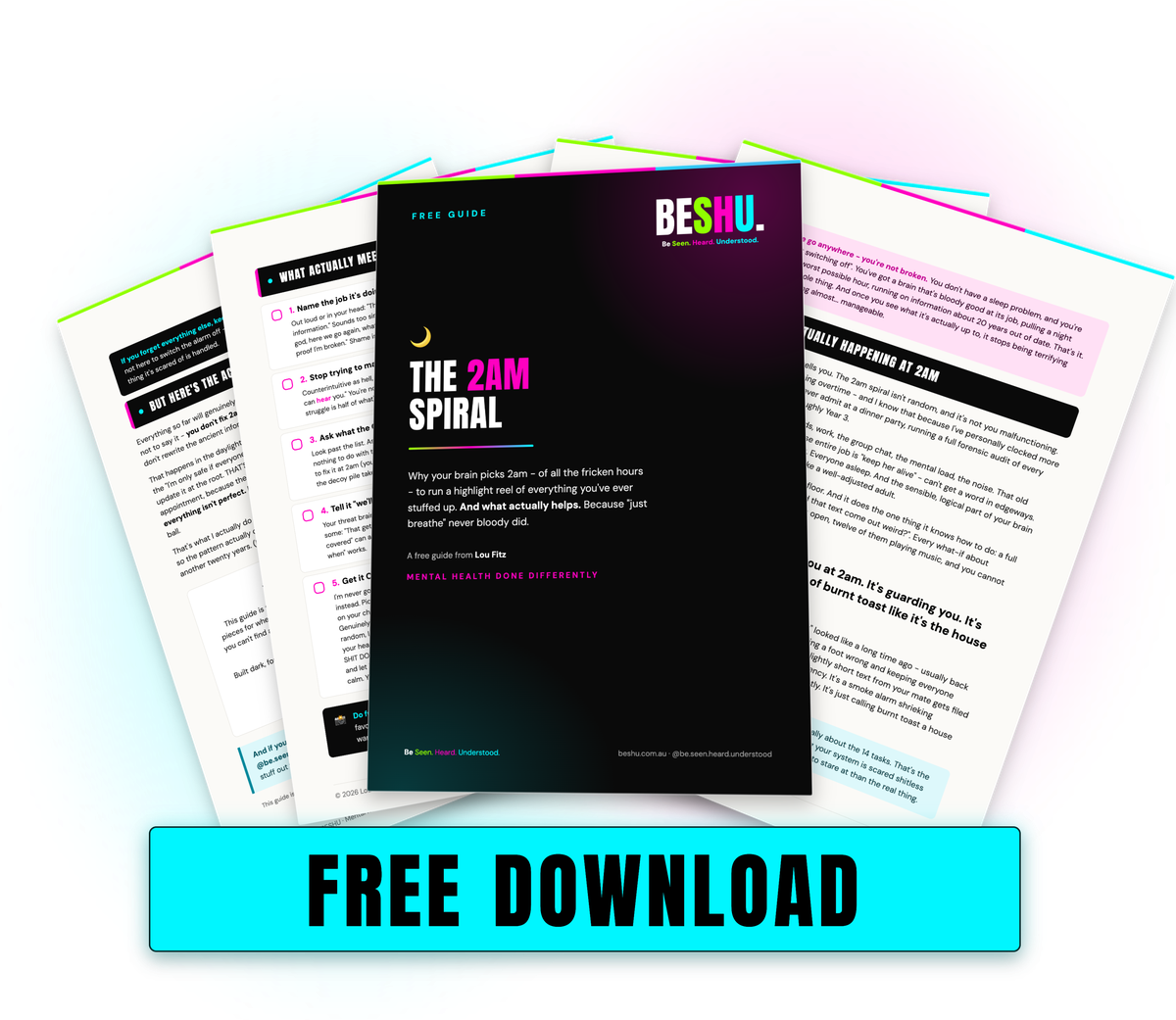 The 2am Spiral guide pages fanned out behind a bright cyan bar that says free download